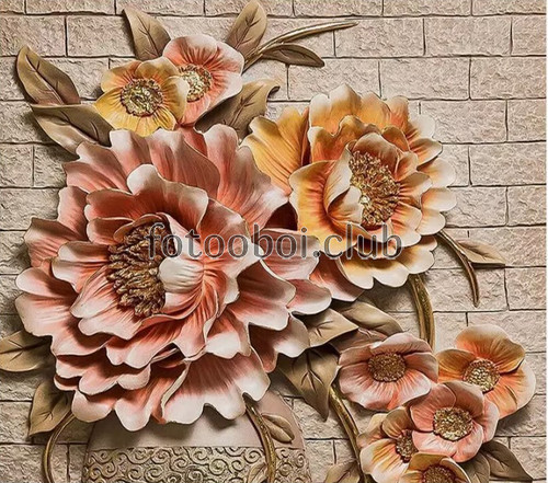 цветы, пионы, кирпичная стена, барельеф, 3д, 3d